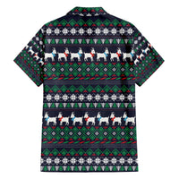 Cute Reindeer in Santa Hat Family Matching Off The Shoulder Long Sleeve Dress and Hawaiian Shirt with Red Green Snowflake Knit Pattern Design - Wonder Print Shop