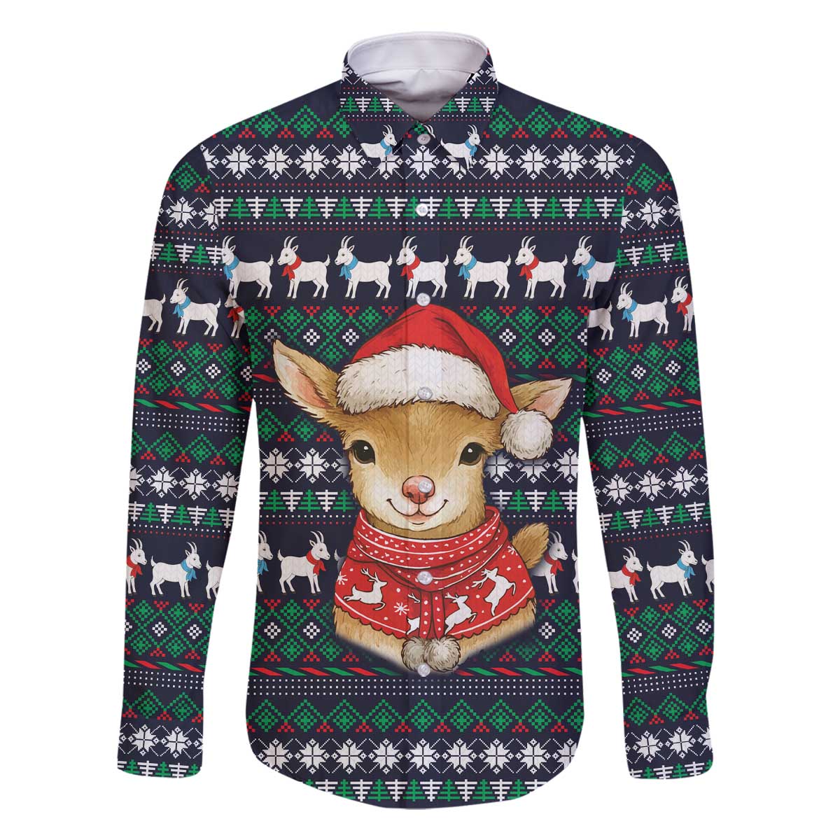 Cute Reindeer in Santa Hat Family Matching Off The Shoulder Long Sleeve Dress and Hawaiian Shirt with Red Green Snowflake Knit Pattern Design - Wonder Print Shop