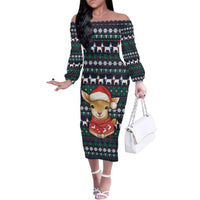 Cute Reindeer in Santa Hat Family Matching Off The Shoulder Long Sleeve Dress and Hawaiian Shirt with Red Green Snowflake Knit Pattern Design - Wonder Print Shop