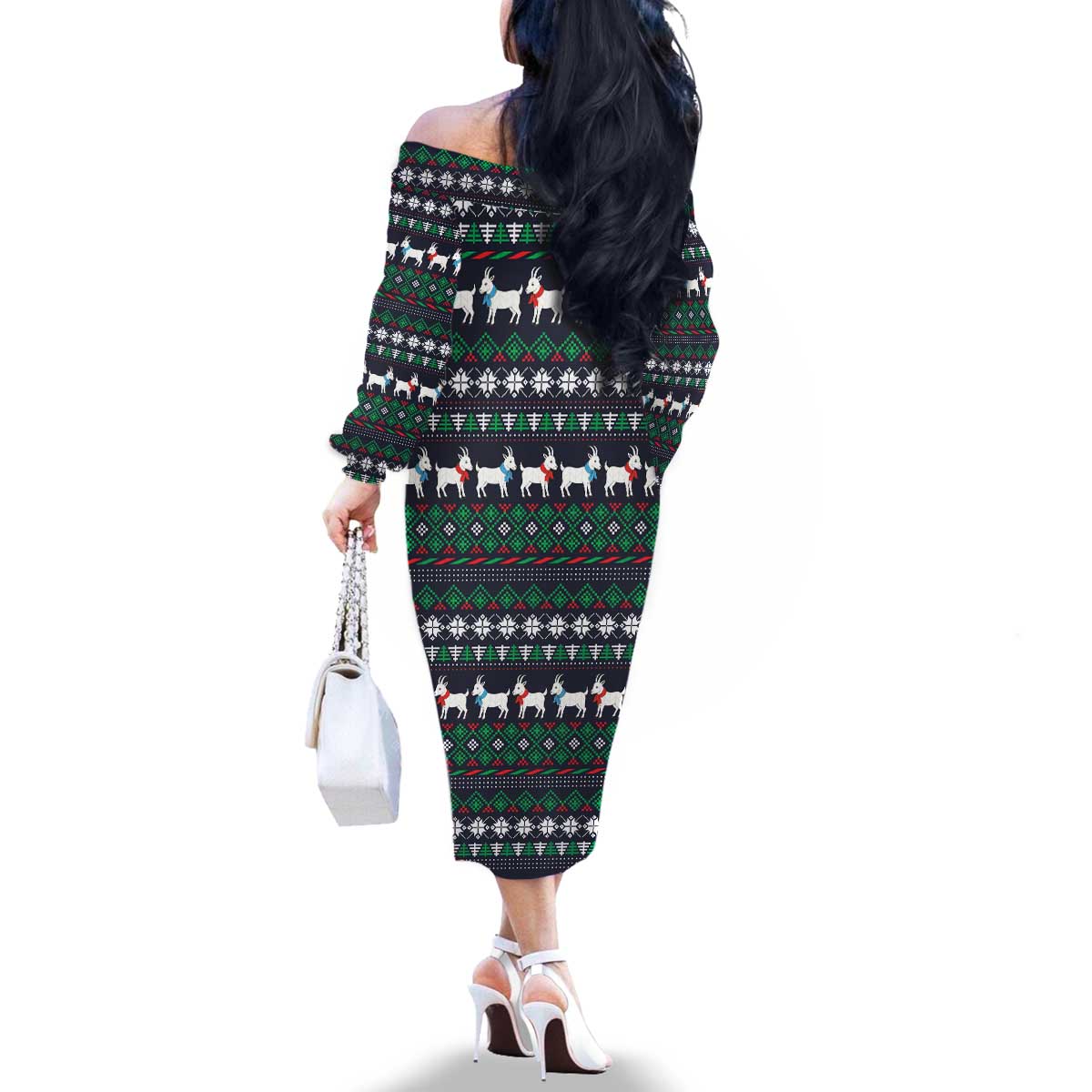 Cute Reindeer in Santa Hat Family Matching Off The Shoulder Long Sleeve Dress and Hawaiian Shirt with Red Green Snowflake Knit Pattern Design - Wonder Print Shop