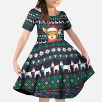 Cute Reindeer in Santa Hat Family Matching Off Shoulder Maxi Dress and Hawaiian Shirt with Red Green Snowflake Knit Pattern Design - Wonder Print Shop
