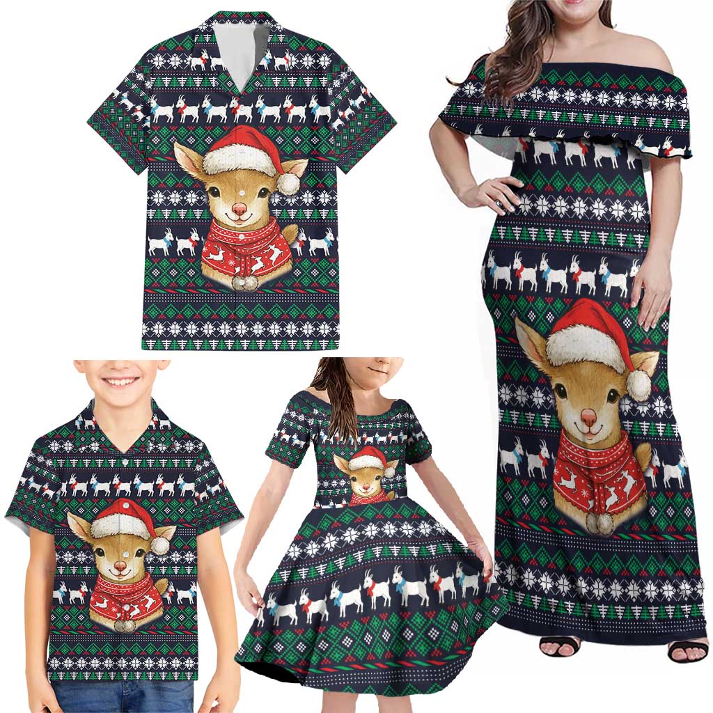 Cute Reindeer in Santa Hat Family Matching Off Shoulder Maxi Dress and Hawaiian Shirt with Red Green Snowflake Knit Pattern Design - Wonder Print Shop