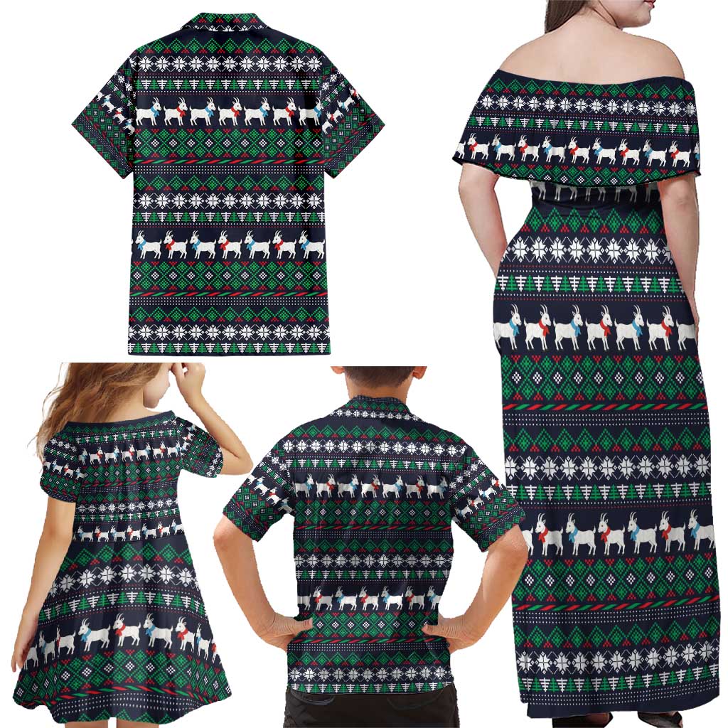 Cute Reindeer in Santa Hat Family Matching Off Shoulder Maxi Dress and Hawaiian Shirt with Red Green Snowflake Knit Pattern Design - Wonder Print Shop