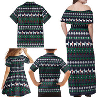Cute Reindeer in Santa Hat Family Matching Off Shoulder Maxi Dress and Hawaiian Shirt with Red Green Snowflake Knit Pattern Design - Wonder Print Shop