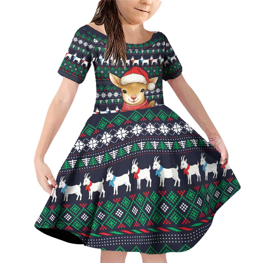 Cute Reindeer in Santa Hat Family Matching Off Shoulder Short Dress and Hawaiian Shirt with Red Green Snowflake Knit Pattern Design - Wonder Print Shop