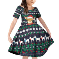Cute Reindeer in Santa Hat Family Matching Off Shoulder Short Dress and Hawaiian Shirt with Red Green Snowflake Knit Pattern Design - Wonder Print Shop