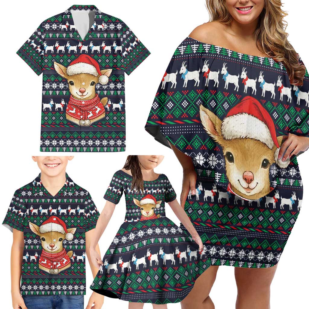 Cute Reindeer in Santa Hat Family Matching Off Shoulder Short Dress and Hawaiian Shirt with Red Green Snowflake Knit Pattern Design - Wonder Print Shop