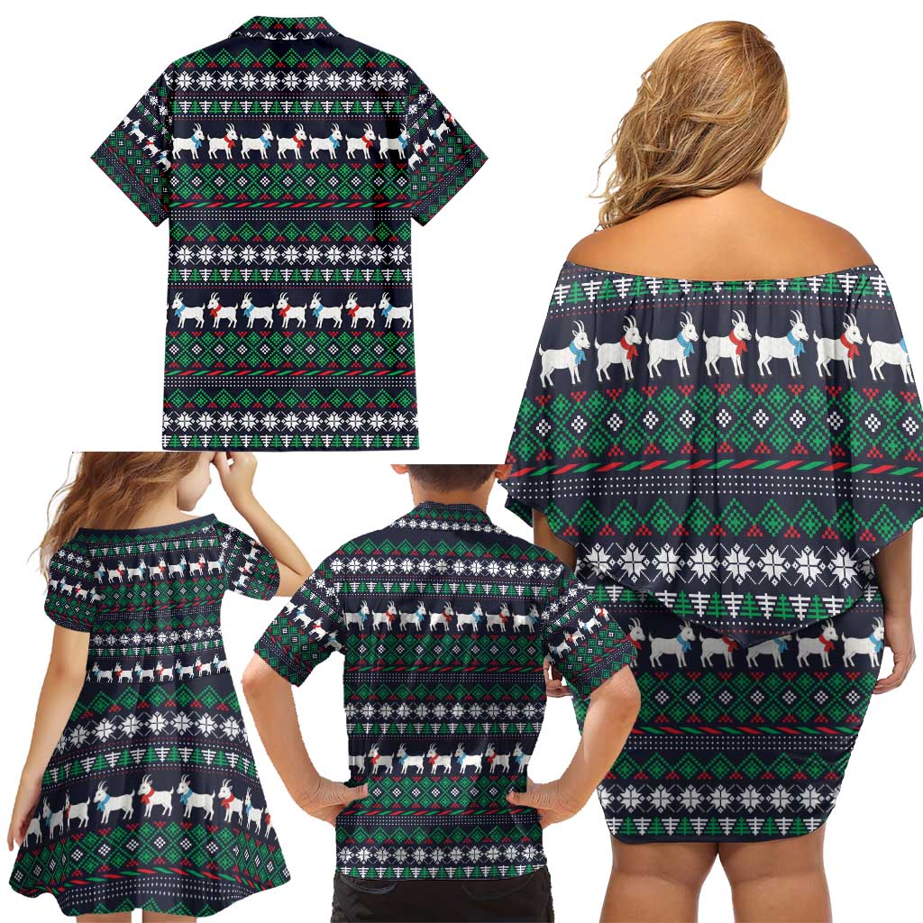 Cute Reindeer in Santa Hat Family Matching Off Shoulder Short Dress and Hawaiian Shirt with Red Green Snowflake Knit Pattern Design - Wonder Print Shop