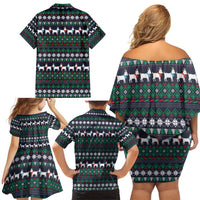 Cute Reindeer in Santa Hat Family Matching Off Shoulder Short Dress and Hawaiian Shirt with Red Green Snowflake Knit Pattern Design - Wonder Print Shop