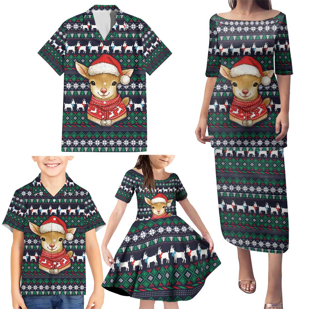 Cute Reindeer in Santa Hat Family Matching Puletasi and Hawaiian Shirt with Red Green Snowflake Knit Pattern Design - Wonder Print Shop