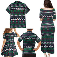 Cute Reindeer in Santa Hat Family Matching Puletasi and Hawaiian Shirt with Red Green Snowflake Knit Pattern Design - Wonder Print Shop