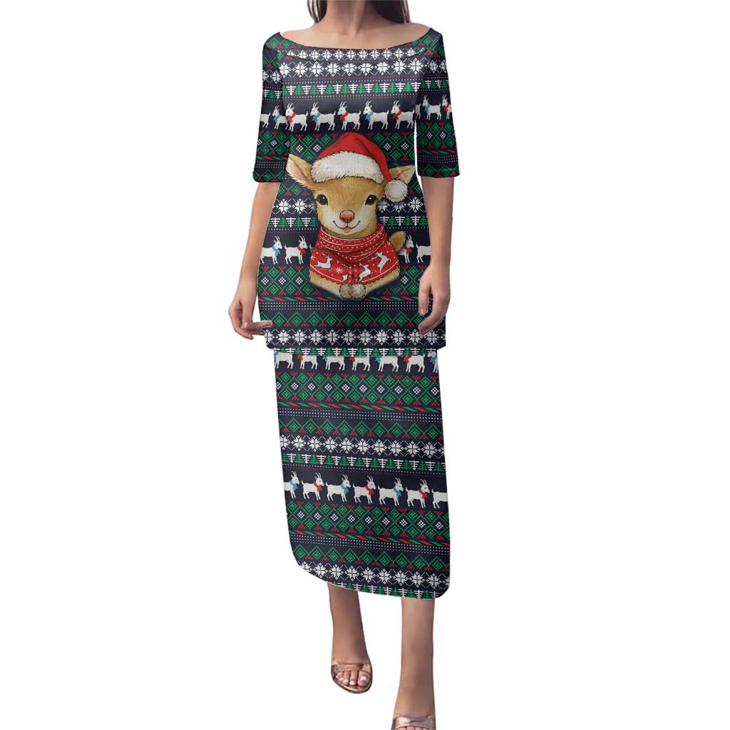 Cute Reindeer in Santa Hat Family Matching Puletasi and Hawaiian Shirt with Red Green Snowflake Knit Pattern Design - Wonder Print Shop