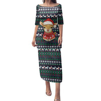 Cute Reindeer in Santa Hat Family Matching Puletasi and Hawaiian Shirt with Red Green Snowflake Knit Pattern Design - Wonder Print Shop