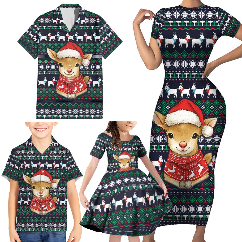 Cute Reindeer in Santa Hat Family Matching Short Sleeve Bodycon Dress and Hawaiian Shirt with Red Green Snowflake Knit Pattern Design - Wonder Print Shop