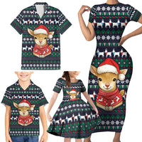 Cute Reindeer in Santa Hat Family Matching Short Sleeve Bodycon Dress and Hawaiian Shirt with Red Green Snowflake Knit Pattern Design - Wonder Print Shop