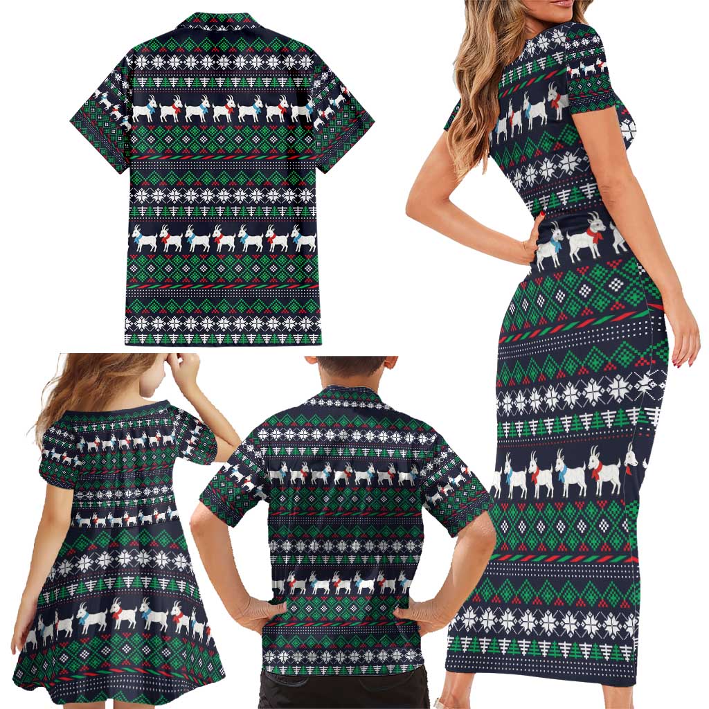 Cute Reindeer in Santa Hat Family Matching Short Sleeve Bodycon Dress and Hawaiian Shirt with Red Green Snowflake Knit Pattern Design - Wonder Print Shop