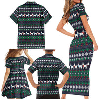 Cute Reindeer in Santa Hat Family Matching Short Sleeve Bodycon Dress and Hawaiian Shirt with Red Green Snowflake Knit Pattern Design - Wonder Print Shop
