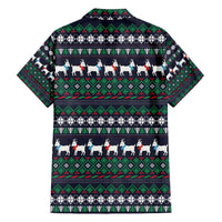Cute Reindeer in Santa Hat Family Matching Short Sleeve Bodycon Dress and Hawaiian Shirt with Red Green Snowflake Knit Pattern Design - Wonder Print Shop