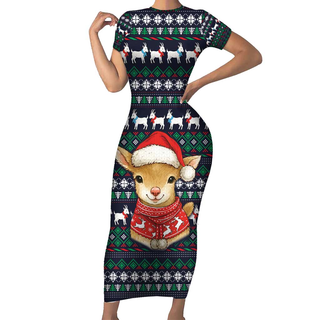 Cute Reindeer in Santa Hat Family Matching Short Sleeve Bodycon Dress and Hawaiian Shirt with Red Green Snowflake Knit Pattern Design - Wonder Print Shop