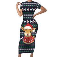 Cute Reindeer in Santa Hat Family Matching Short Sleeve Bodycon Dress and Hawaiian Shirt with Red Green Snowflake Knit Pattern Design - Wonder Print Shop