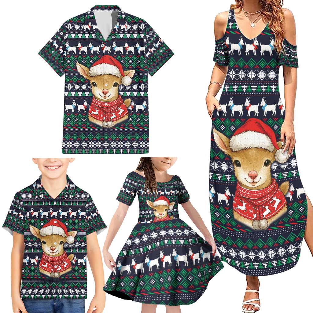 Cute Reindeer in Santa Hat Family Matching Summer Maxi Dress and Hawaiian Shirt with Red Green Snowflake Knit Pattern Design - Wonder Print Shop