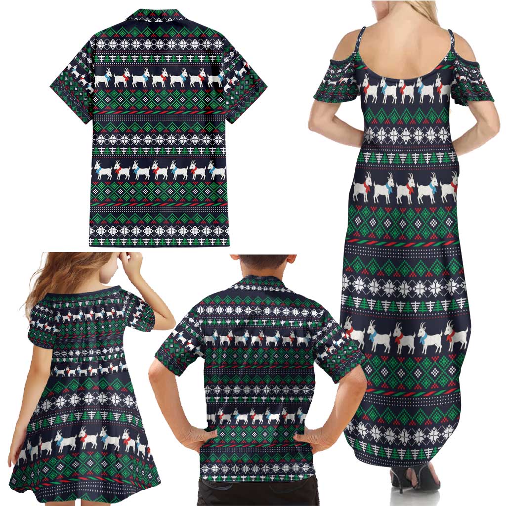 Cute Reindeer in Santa Hat Family Matching Summer Maxi Dress and Hawaiian Shirt with Red Green Snowflake Knit Pattern Design - Wonder Print Shop