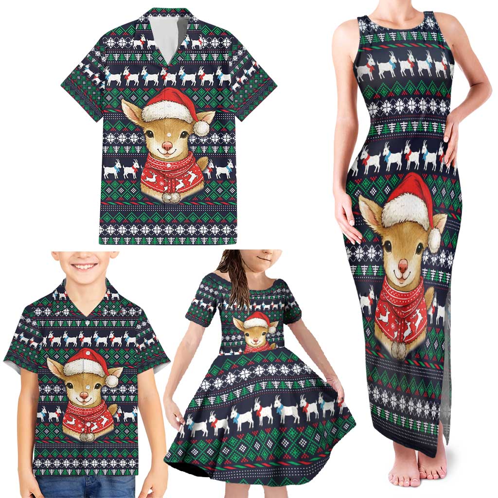Cute Reindeer in Santa Hat Family Matching Tank Maxi Dress and Hawaiian Shirt with Red Green Snowflake Knit Pattern Design - Wonder Print Shop