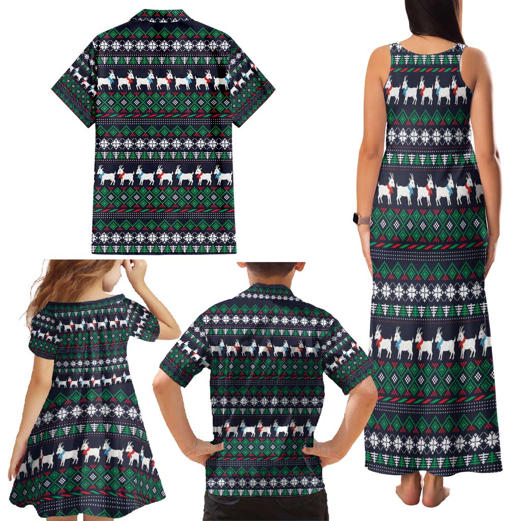 Cute Reindeer in Santa Hat Family Matching Tank Maxi Dress and Hawaiian Shirt with Red Green Snowflake Knit Pattern Design - Wonder Print Shop