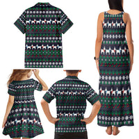 Cute Reindeer in Santa Hat Family Matching Tank Maxi Dress and Hawaiian Shirt with Red Green Snowflake Knit Pattern Design - Wonder Print Shop