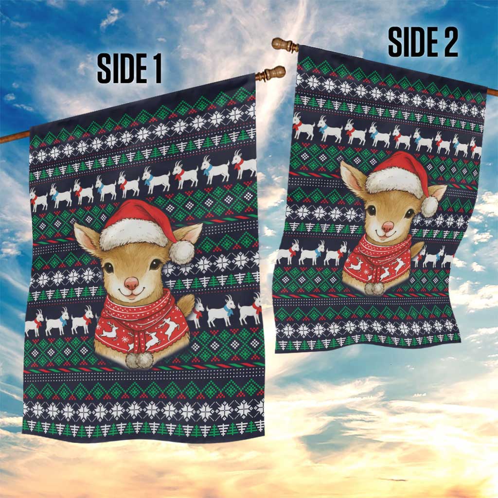 Cute Reindeer in Santa Hat Garden Flag with Red Green Snowflake Knit Pattern Design - Wonder Print Shop
