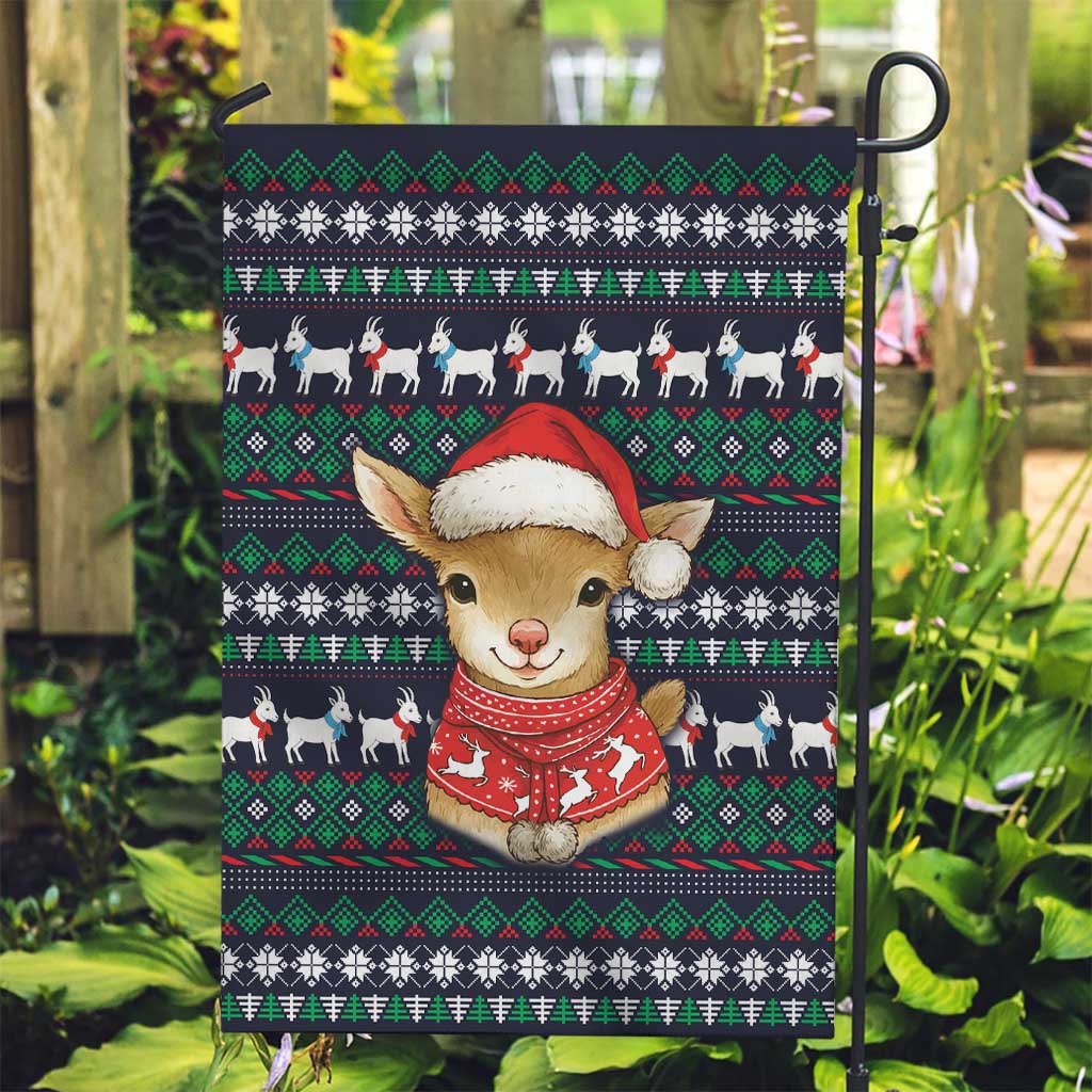 Cute Reindeer in Santa Hat Garden Flag with Red Green Snowflake Knit Pattern Design - Wonder Print Shop