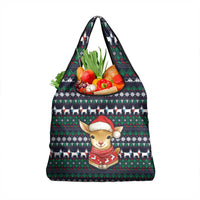 Cute Reindeer in Santa Hat Grocery Bag with Red Green Snowflake Knit Pattern Design - Wonder Print Shop