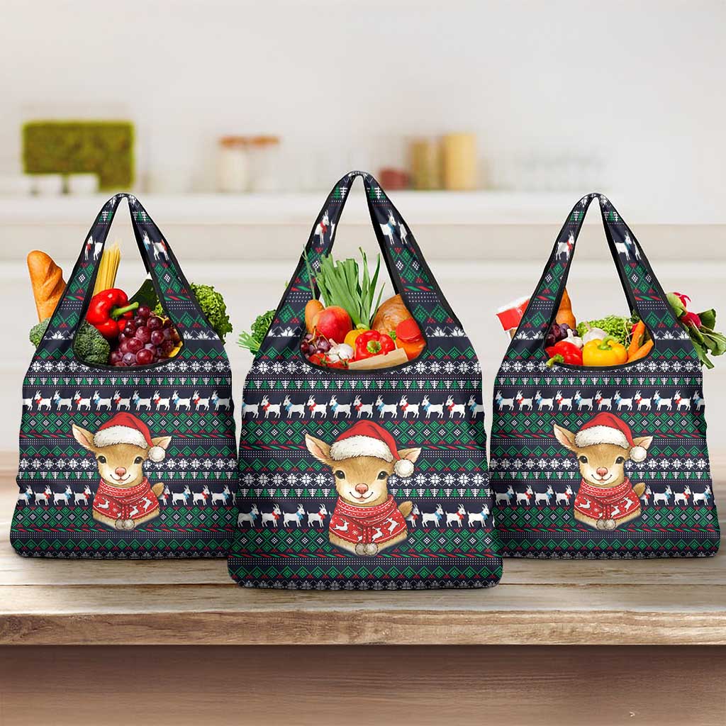 Cute Reindeer in Santa Hat Grocery Bag with Red Green Snowflake Knit Pattern Design - Wonder Print Shop