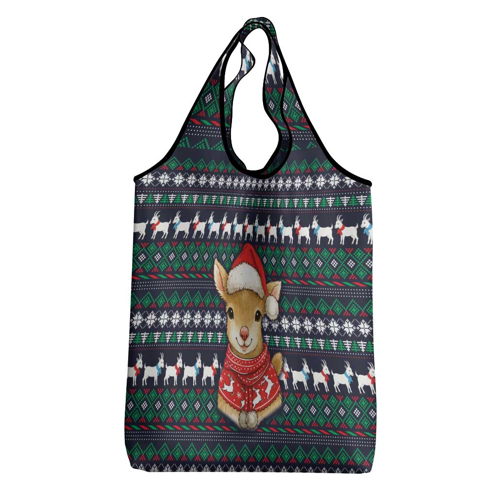 Cute Reindeer in Santa Hat Grocery Bag with Red Green Snowflake Knit Pattern Design - Wonder Print Shop