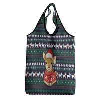 Cute Reindeer in Santa Hat Grocery Bag with Red Green Snowflake Knit Pattern Design - Wonder Print Shop