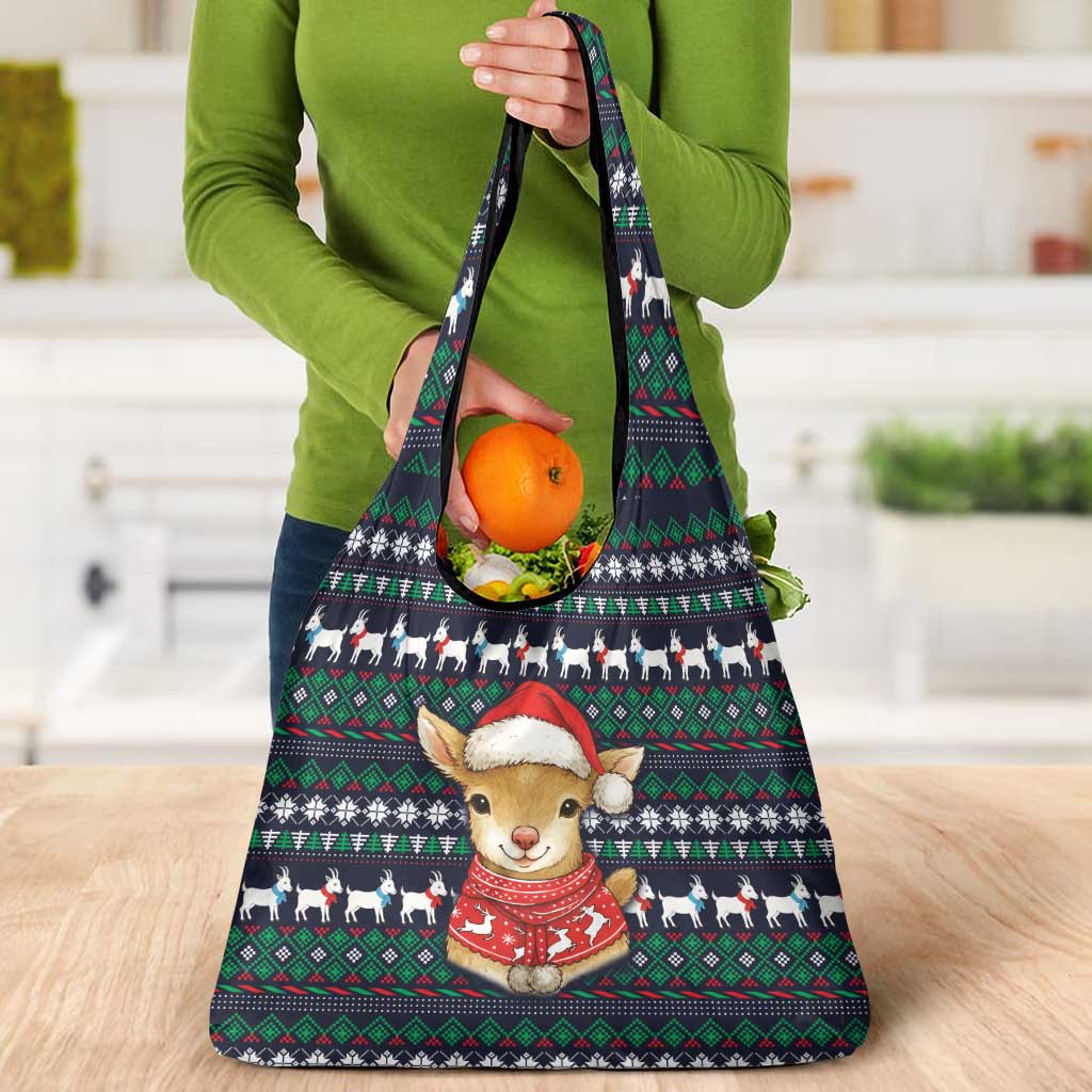 Cute Reindeer in Santa Hat Grocery Bag with Red Green Snowflake Knit Pattern Design - Wonder Print Shop