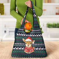 Cute Reindeer in Santa Hat Grocery Bag with Red Green Snowflake Knit Pattern Design - Wonder Print Shop