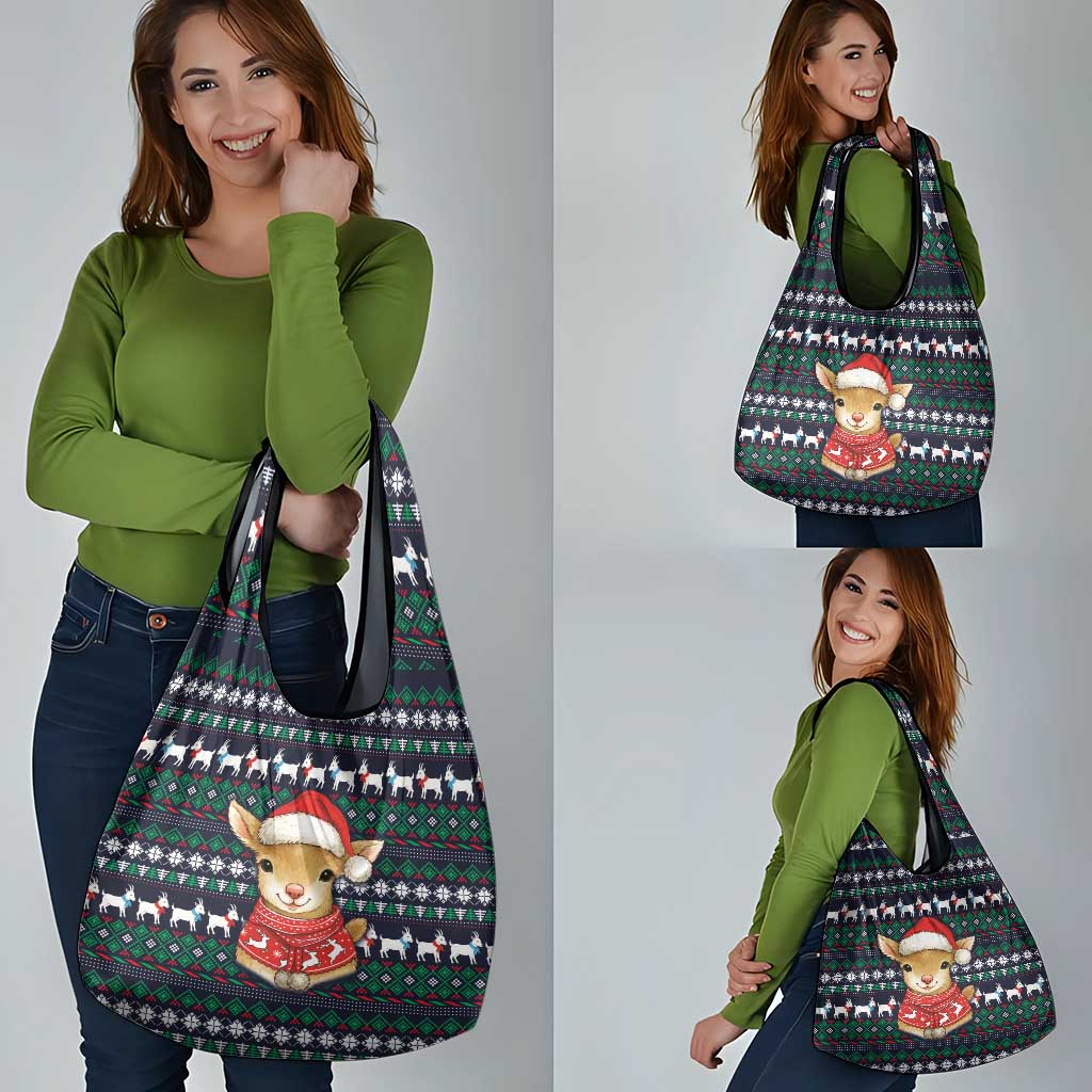 Cute Reindeer in Santa Hat Grocery Bag with Red Green Snowflake Knit Pattern Design - Wonder Print Shop