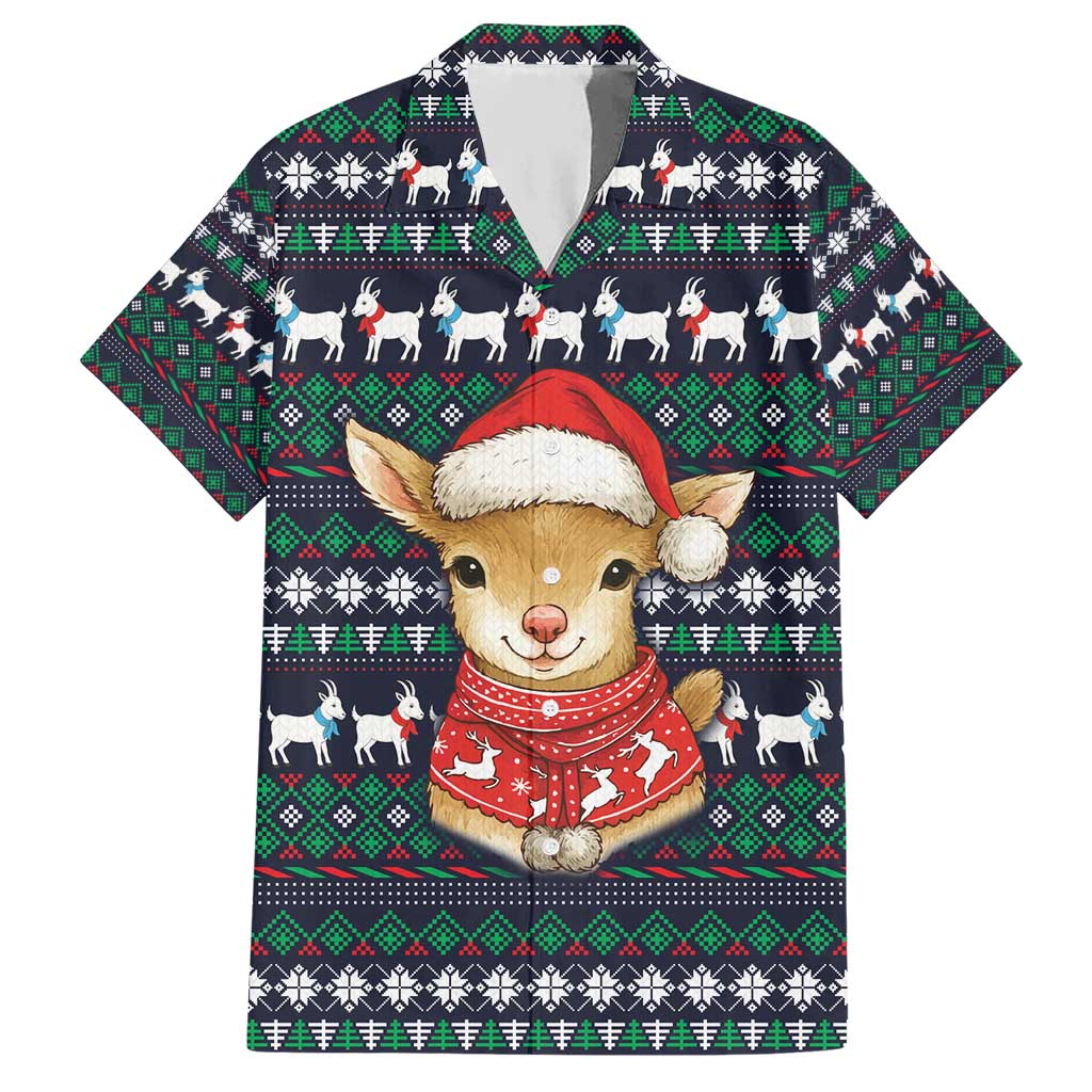 Cute Reindeer in Santa Hat Hawaiian Shirt with Red Green Snowflake Knit Pattern Design - Wonder Print Shop