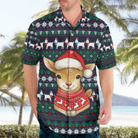 Cute Reindeer in Santa Hat Hawaiian Shirt with Red Green Snowflake Knit Pattern Design - Wonder Print Shop