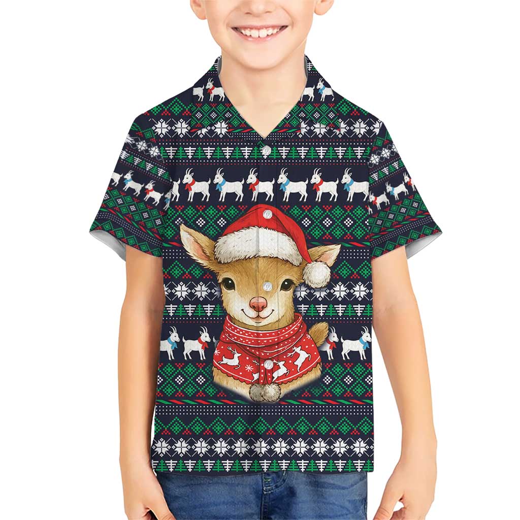 Cute Reindeer in Santa Hat Hawaiian Shirt with Red Green Snowflake Knit Pattern Design - Wonder Print Shop