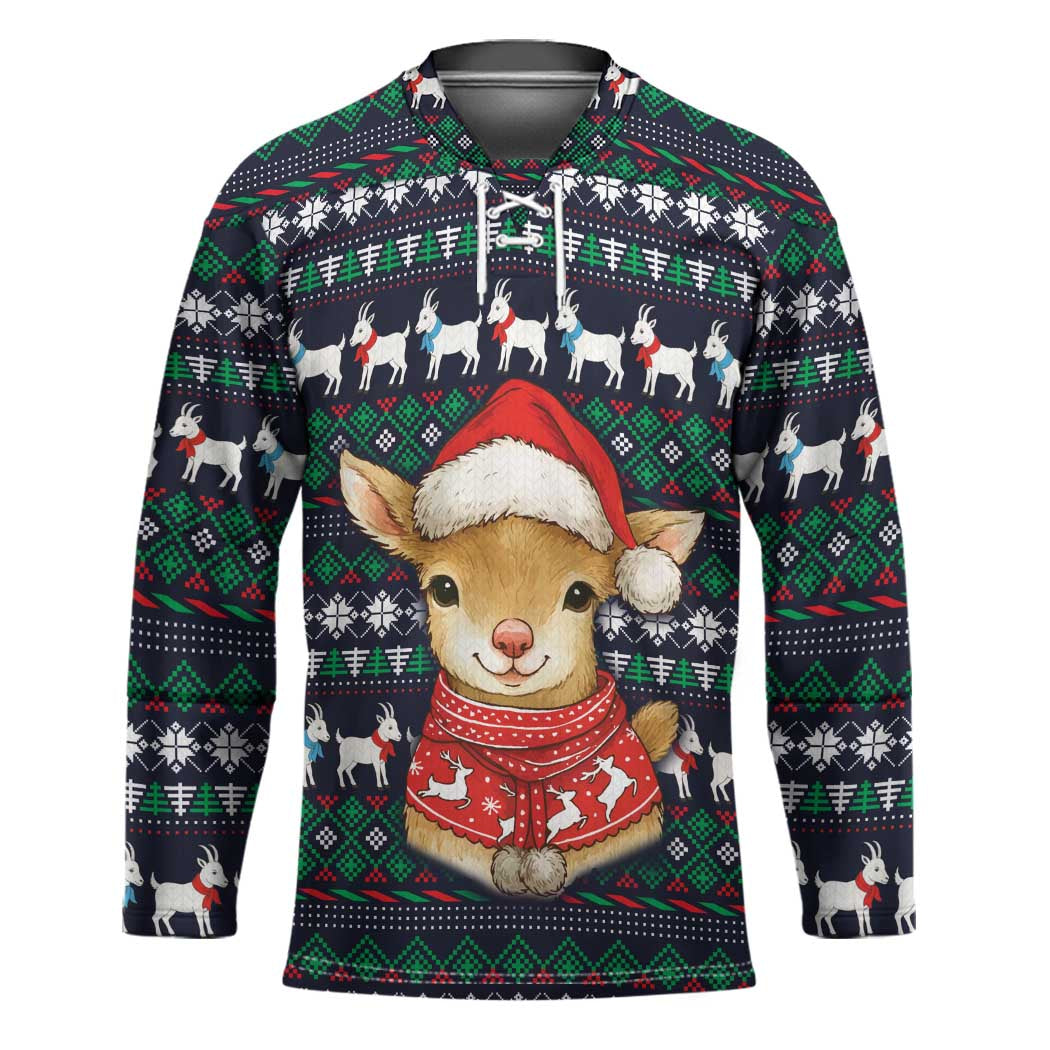 Cute Reindeer in Santa Hat Hockey Jersey with Red Green Snowflake Knit Pattern Design - Wonder Print Shop