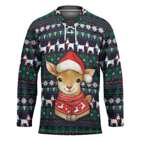 Cute Reindeer in Santa Hat Hockey Jersey with Red Green Snowflake Knit Pattern Design - Wonder Print Shop