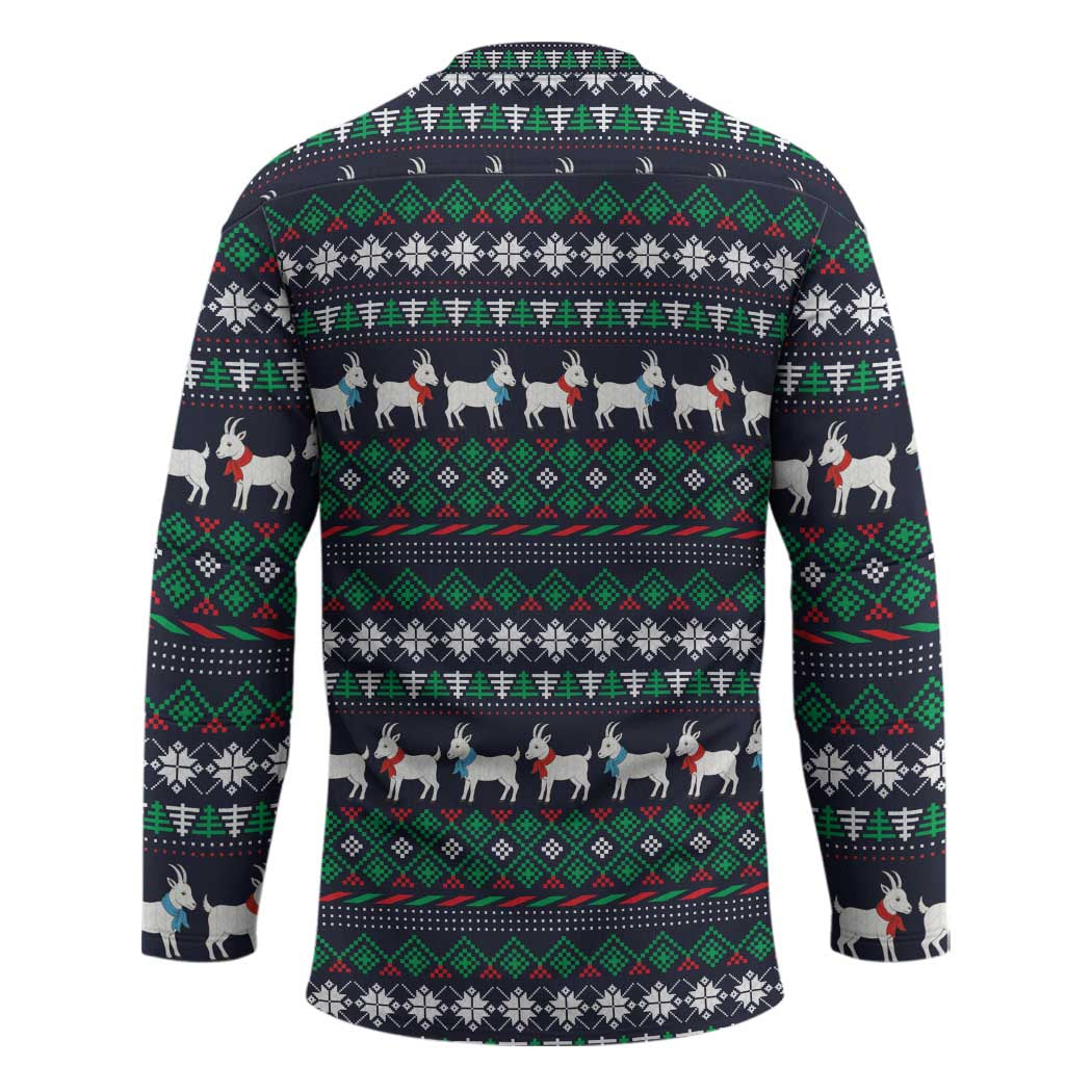 Cute Reindeer in Santa Hat Hockey Jersey with Red Green Snowflake Knit Pattern Design - Wonder Print Shop