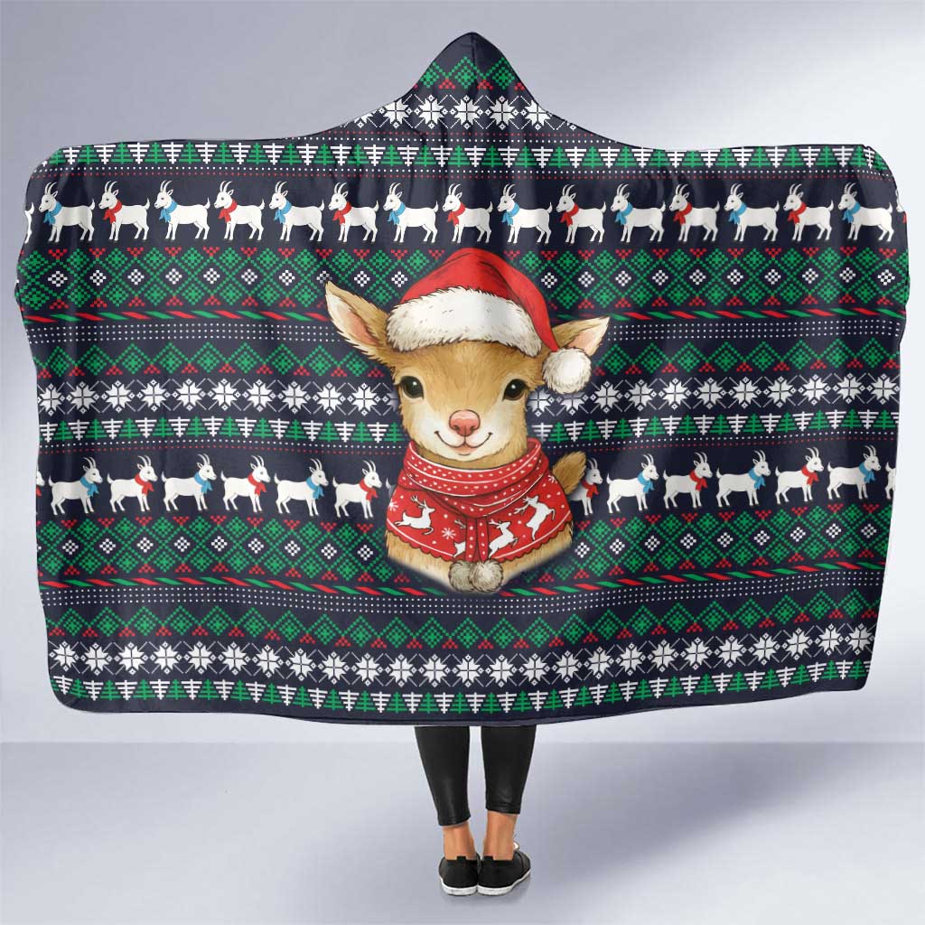 Cute Reindeer in Santa Hat Hooded Blanket with Red Green Snowflake Knit Pattern Design - Wonder Print Shop