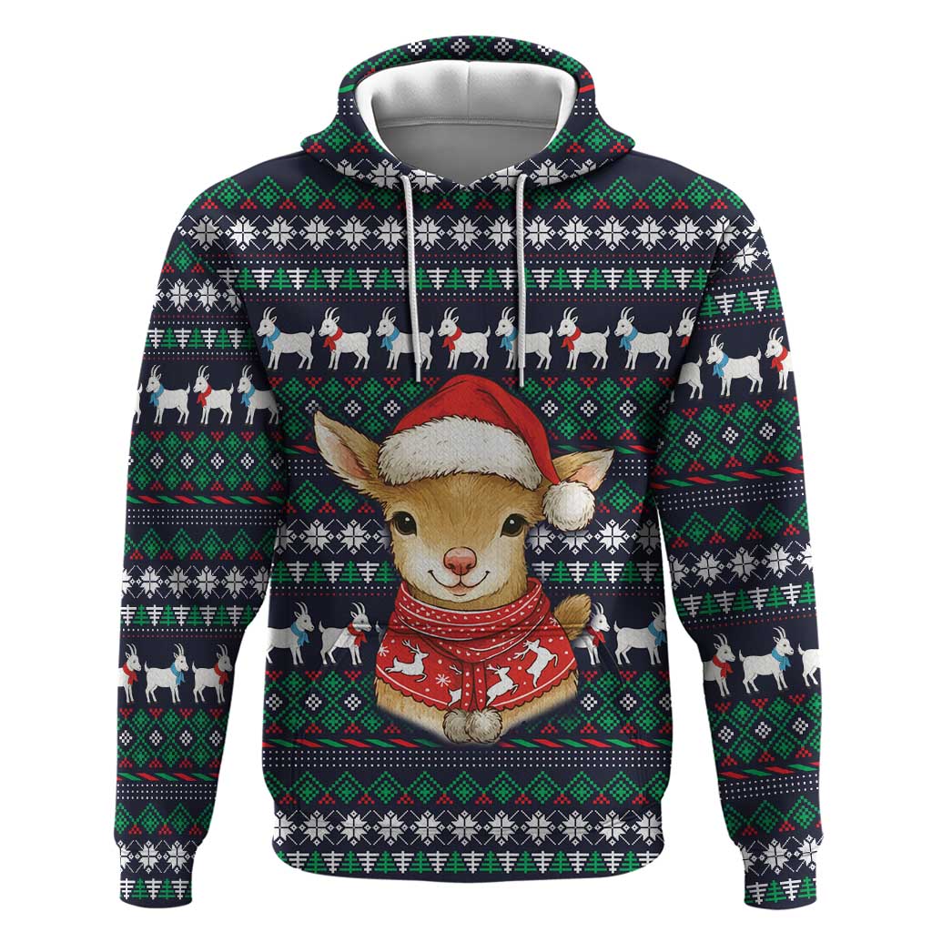 Cute Reindeer in Santa Hat Hoodie with Red Green Snowflake Knit Pattern Design - Wonder Print Shop