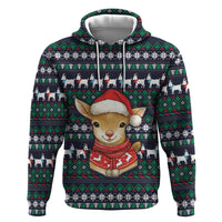 Cute Reindeer in Santa Hat Hoodie with Red Green Snowflake Knit Pattern Design - Wonder Print Shop