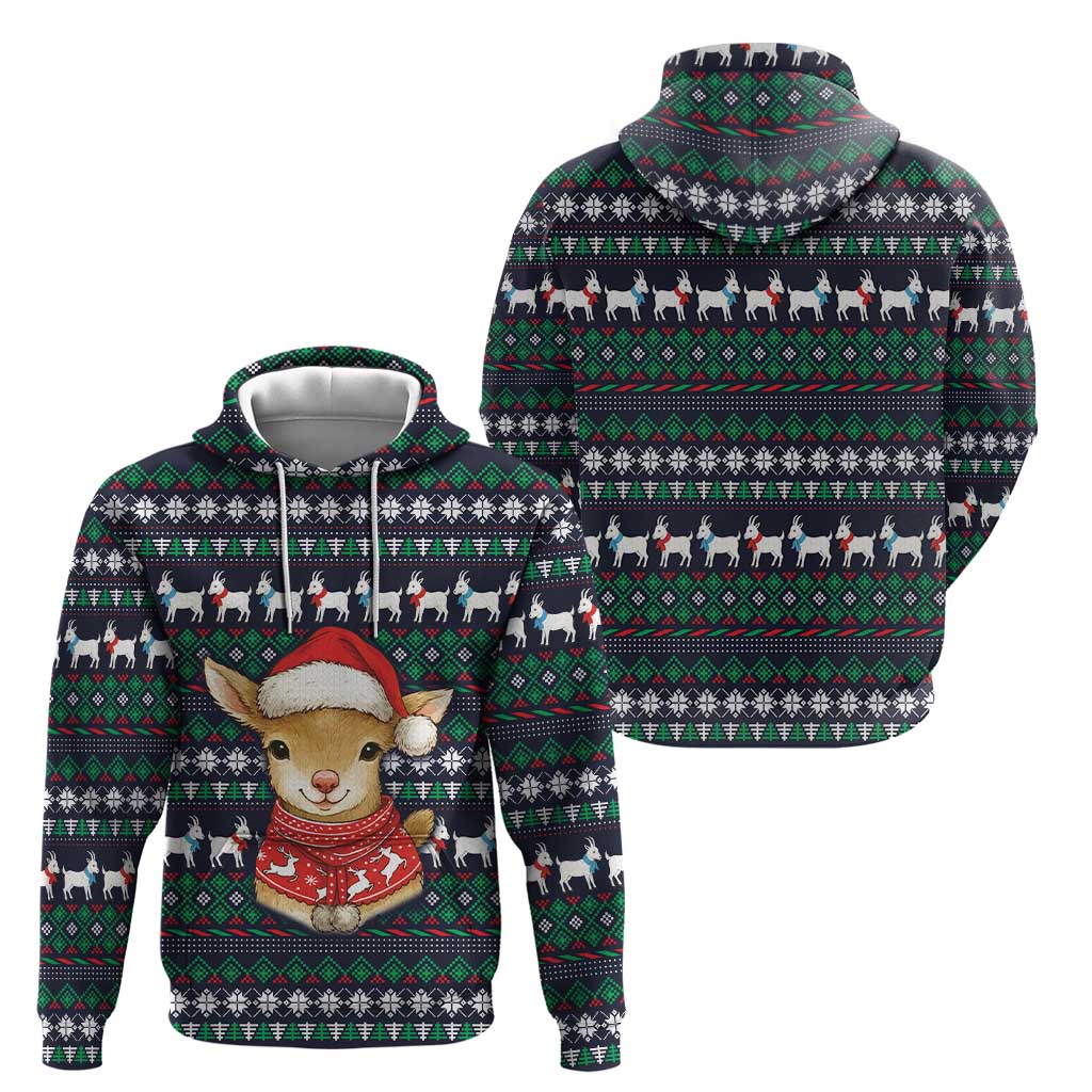 Cute Reindeer in Santa Hat Hoodie with Red Green Snowflake Knit Pattern Design - Wonder Print Shop