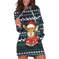 Cute Reindeer in Santa Hat Hoodie Dress with Red Green Snowflake Knit Pattern Design - Wonder Print Shop
