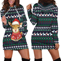 Cute Reindeer in Santa Hat Hoodie Dress with Red Green Snowflake Knit Pattern Design - Wonder Print Shop
